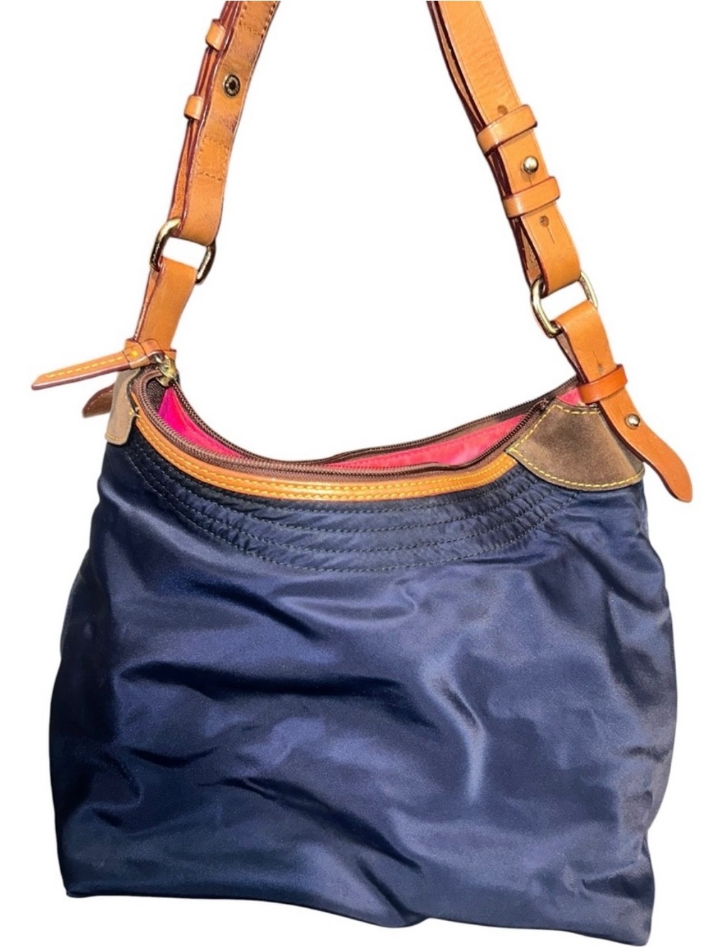 Dooney & Bourke Navy Nylon Shoulder Bag with Tan Leather Strap and Pink Lining